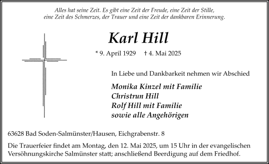 Traueranzeige von Karl Hill von FZ