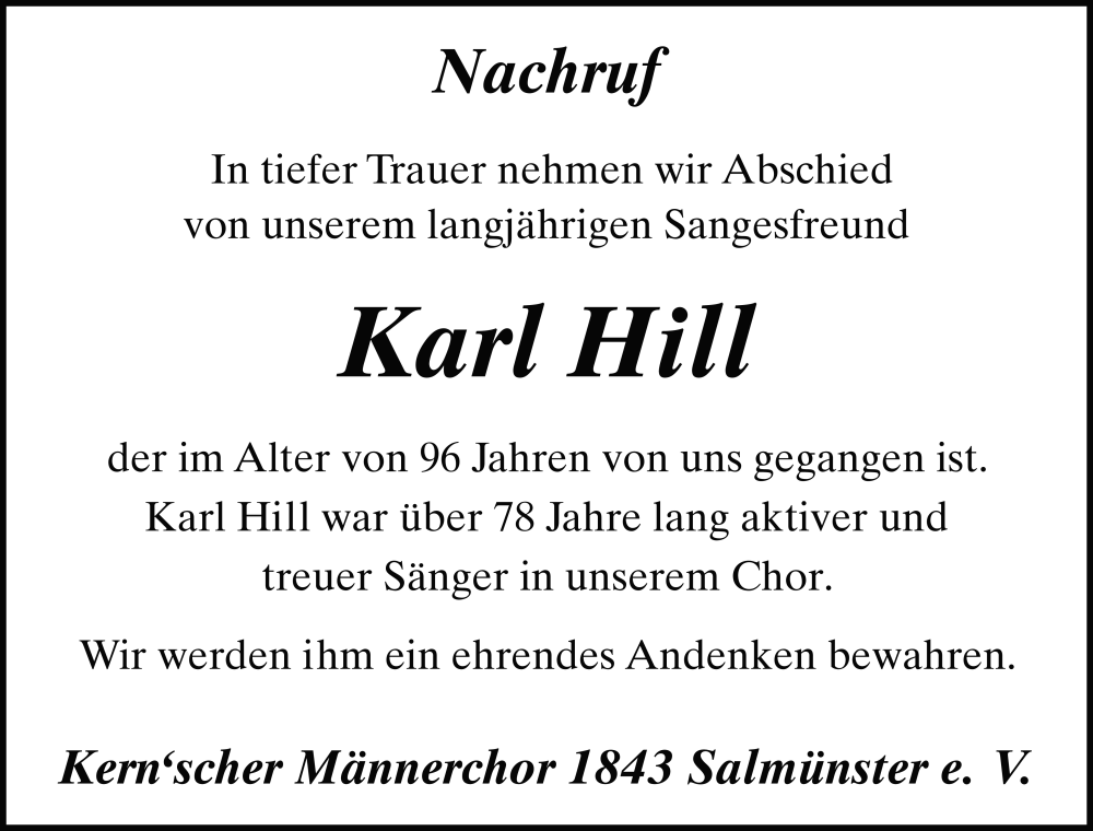  Traueranzeige für Karl Hill vom 17.05.2025 aus FZ