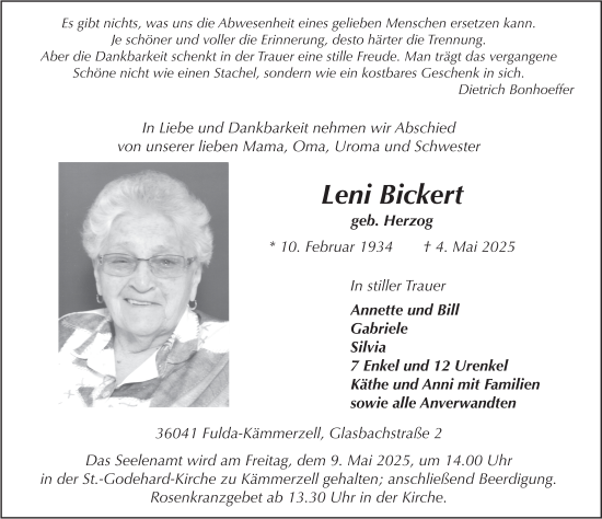 Traueranzeige von Leni Bickert von FZ