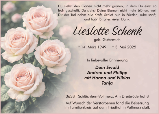 Traueranzeige von Liselotte Schenk von FZ