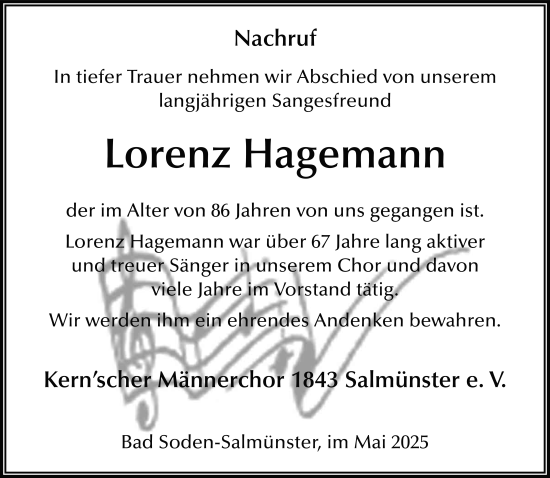 Traueranzeige von Lorenz Hagemann von FZ