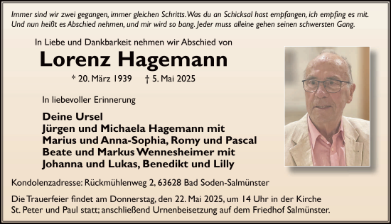Traueranzeige von Lorenz Hagemann von FZ