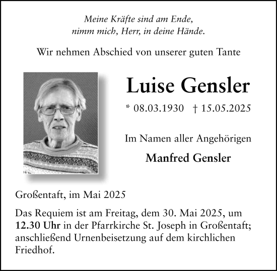 Traueranzeige von Luise Gensler von FZ