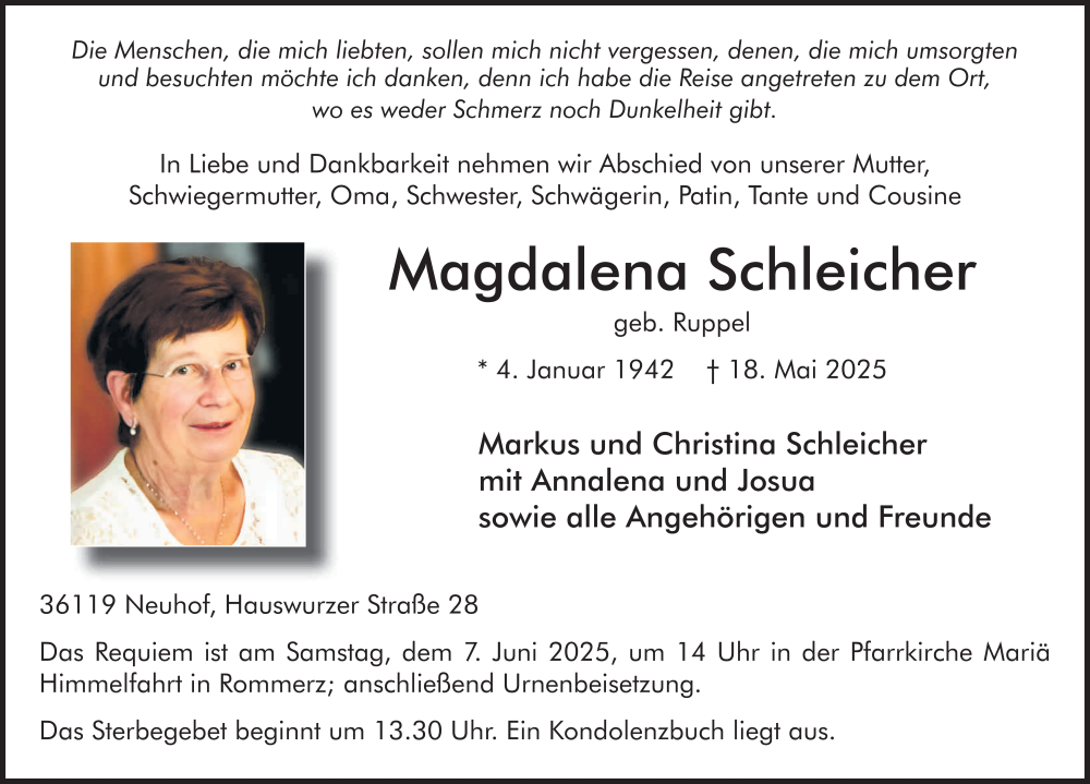  Traueranzeige für Magdalena Schleicher vom 31.05.2025 aus FZ