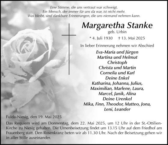 Traueranzeige von Margaretha Stanke von FZ