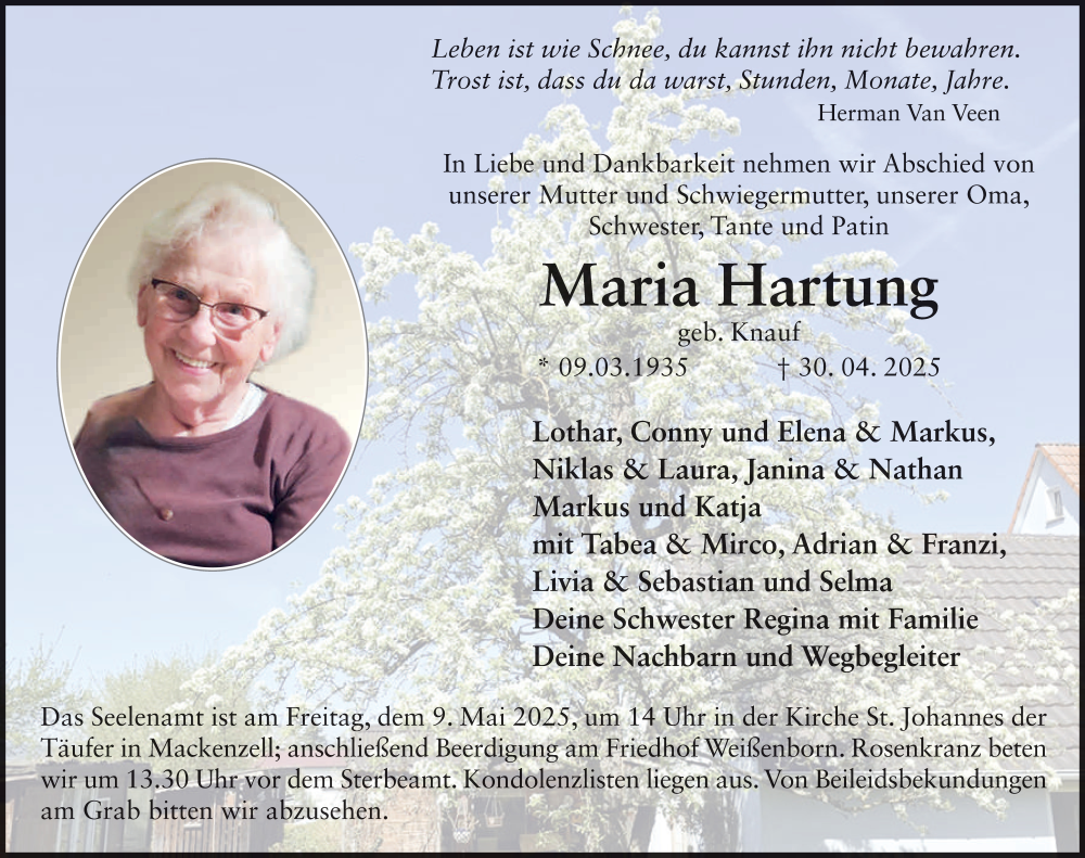  Traueranzeige für Maria Hartung vom 07.05.2025 aus FZ