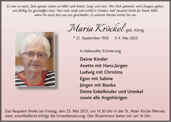 Traueranzeige von Maria Kröckel von FZ