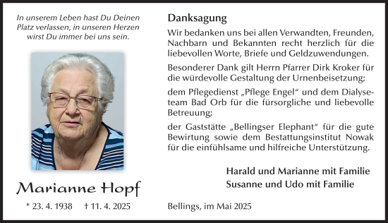 Traueranzeige von Marianne Hopf von FZ