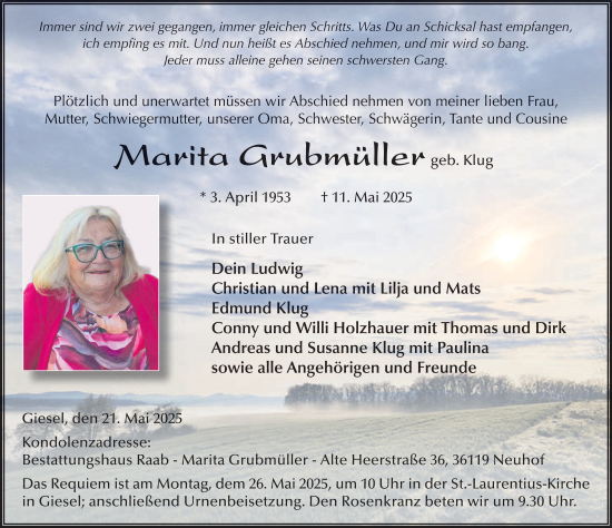 Traueranzeige von Marita Grubmüller von FZ