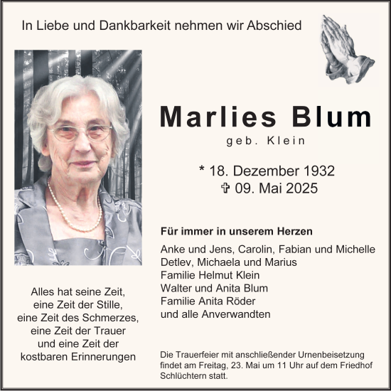 Traueranzeige von Marlies Blum von FZ