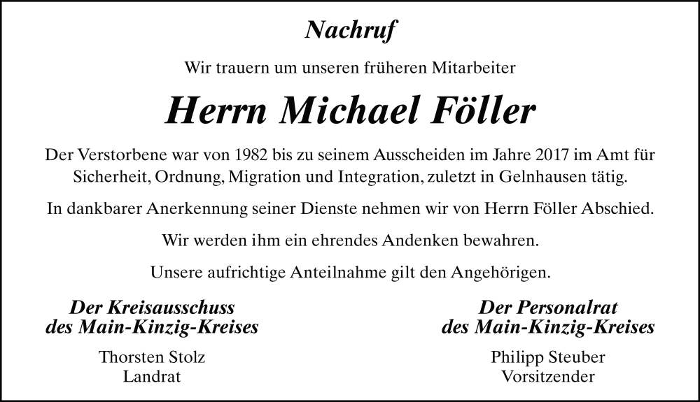  Traueranzeige für Michael Föller vom 10.05.2025 aus FZ