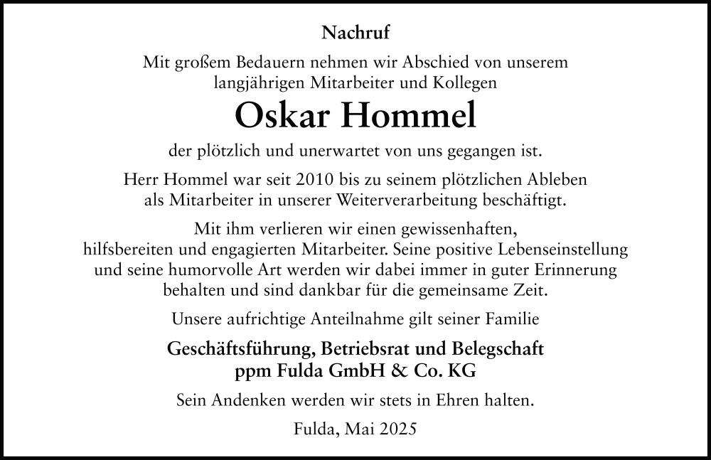  Traueranzeige für Oskar Hommel vom 07.05.2025 aus FZ
