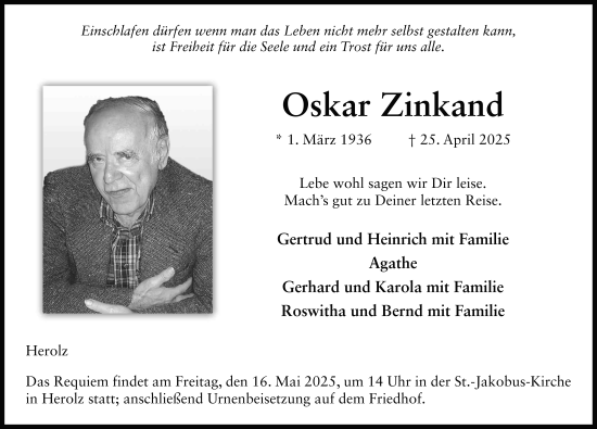 Traueranzeige von Oskar Zinkand von FZ