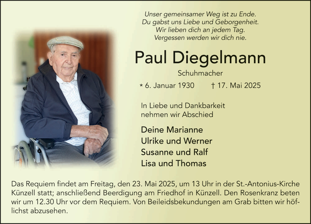  Traueranzeige für Paul Diegelmann vom 20.05.2025 aus FZ