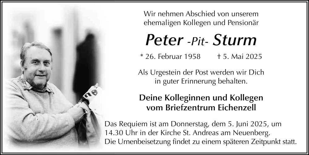  Traueranzeige für Peter Sturm vom 31.05.2025 aus FZ