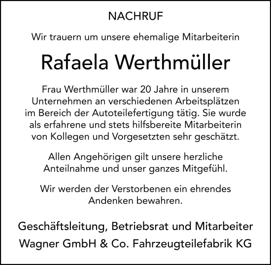 Traueranzeige von Rafaela Werthmüller von FZ