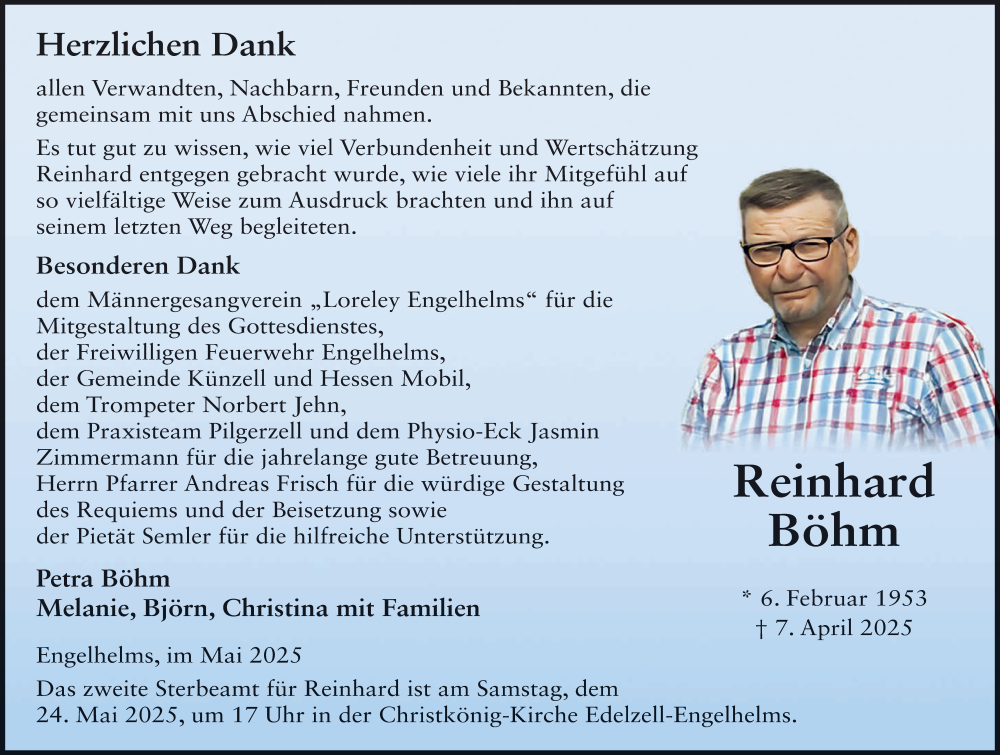  Traueranzeige für Reinhard Böhm vom 17.05.2025 aus FZ