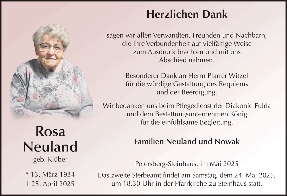  Traueranzeige für Rosa Neuland vom 17.05.2025 aus FZ