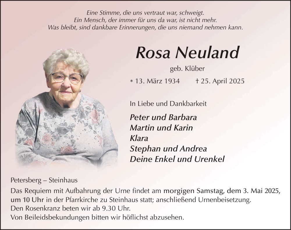  Traueranzeige für Rosa Neuland vom 02.05.2025 aus FZ