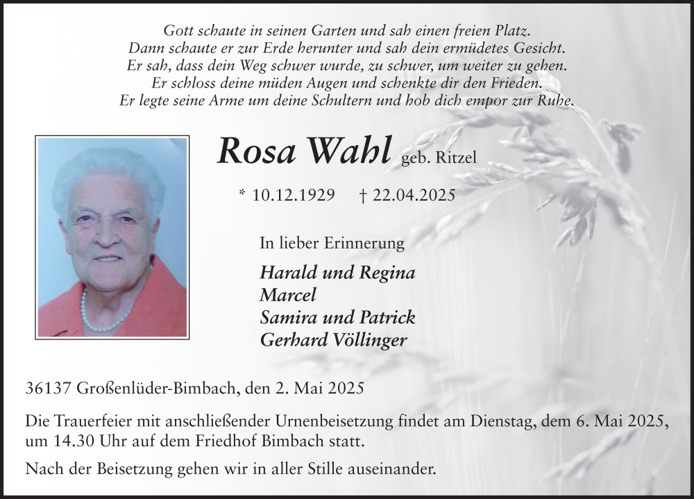  Traueranzeige für Rosa Wahl vom 02.05.2025 aus FZ