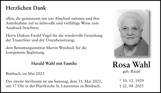 Traueranzeige von Rosa Wahl von FZ