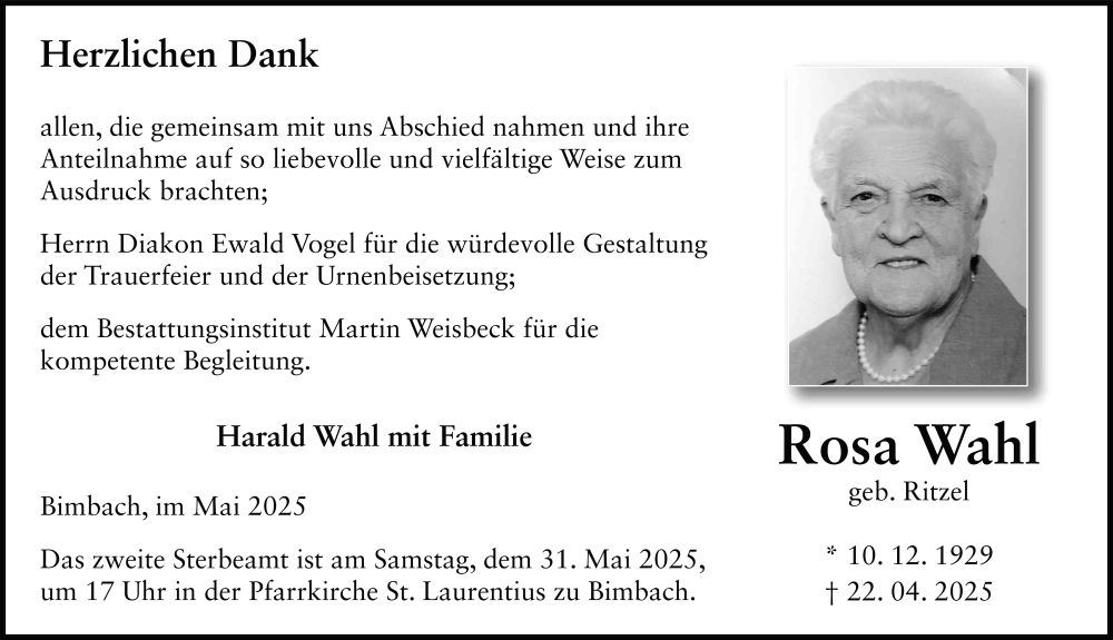  Traueranzeige für Rosa Wahl vom 26.05.2025 aus FZ