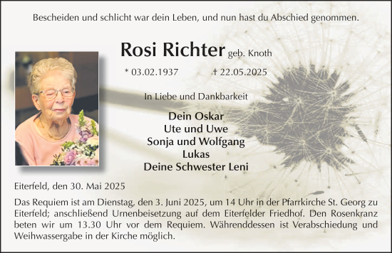 Traueranzeige von Rosi Richter von FZ