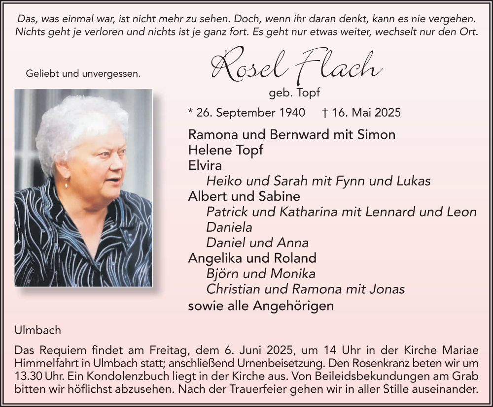  Traueranzeige für Rosl Flach vom 31.05.2025 aus FZ