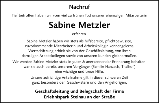 Traueranzeige von Sabine Metzler von FZ