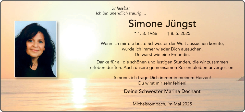  Traueranzeige für Simone Jüngst vom 17.05.2025 aus FZ