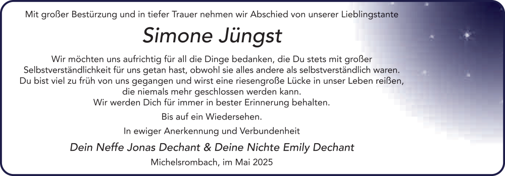  Traueranzeige für Simone Jüngst vom 17.05.2025 aus FZ