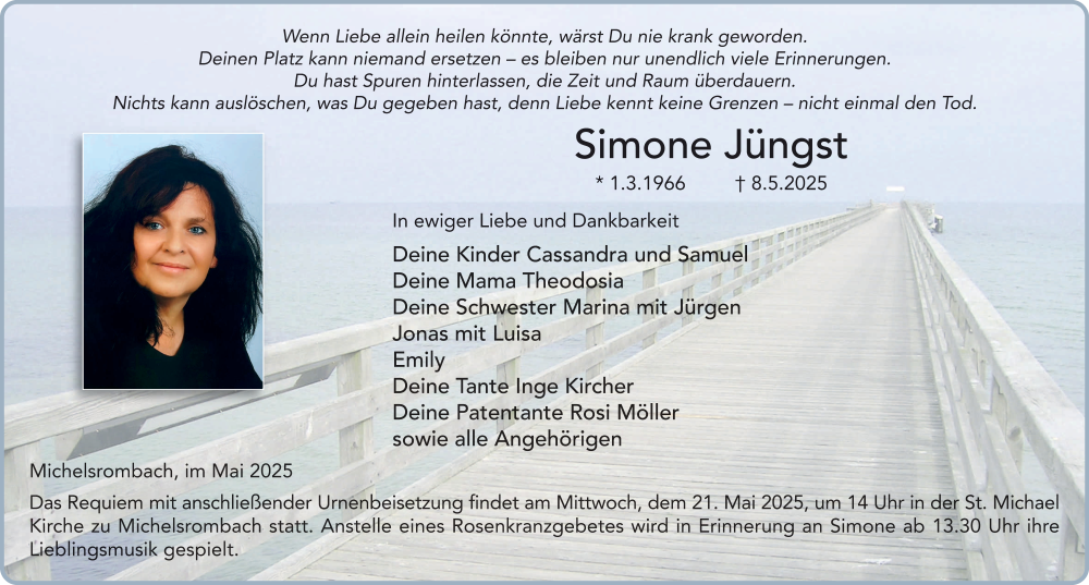  Traueranzeige für Simone Jüngst vom 17.05.2025 aus FZ