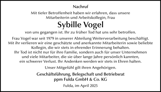 Traueranzeige von Sybille Vogel von FZ
