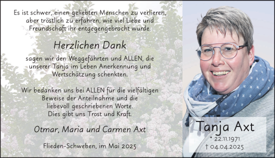 Traueranzeige von Tanja Axt von FZ