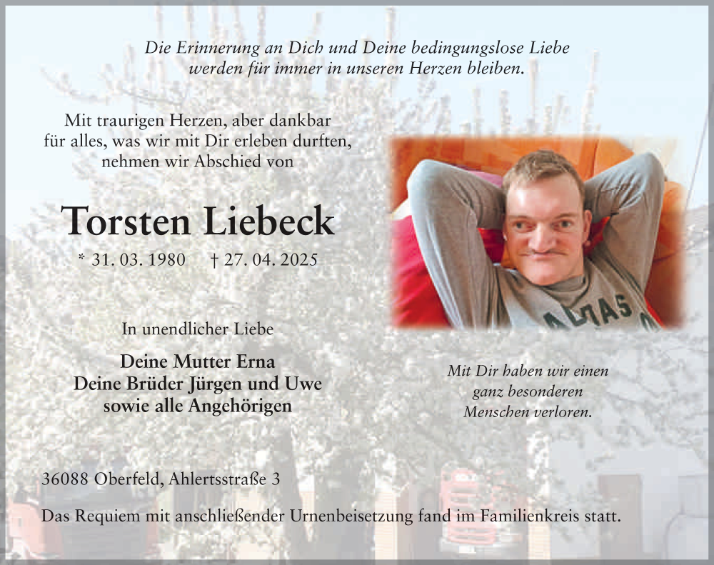  Traueranzeige für Thorsten Liebeck vom 13.05.2025 aus FZ