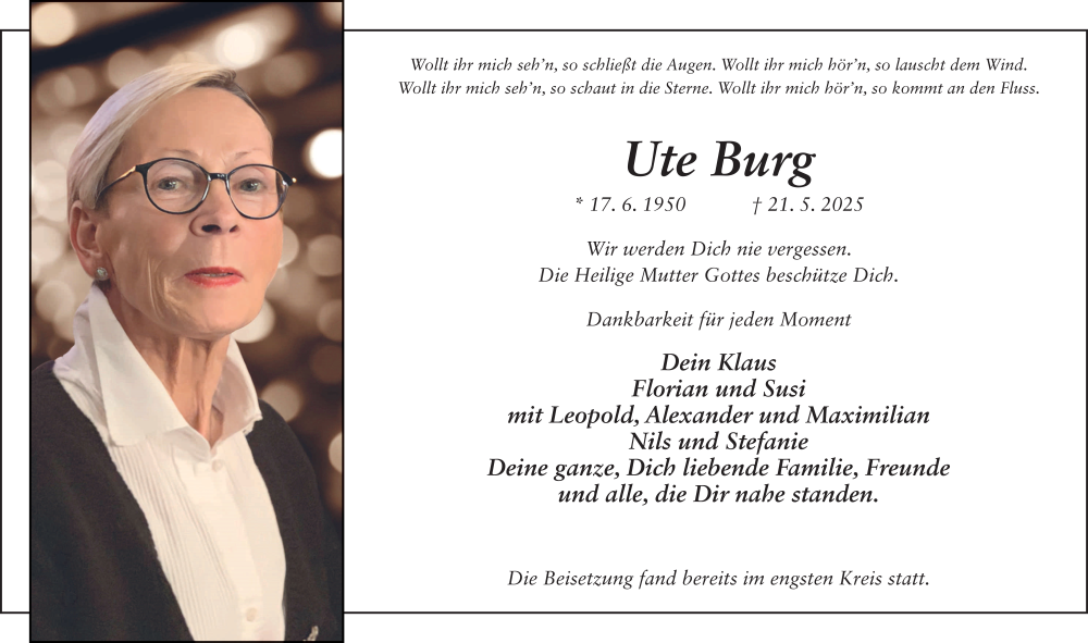  Traueranzeige für Ute Burg vom 31.05.2025 aus FZ