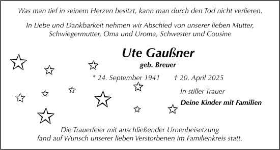 Traueranzeige von Ute Gaußner von FZ