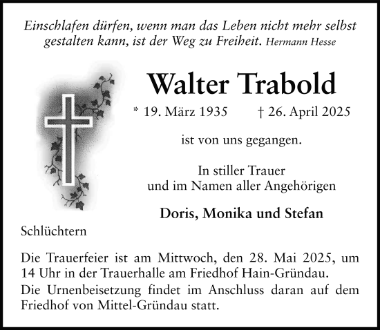 Traueranzeige von Walter Trabold von FZ