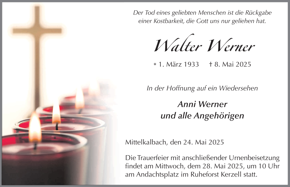  Traueranzeige für Walter Werner vom 24.05.2025 aus FZ