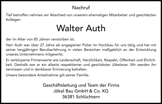 Traueranzeige von Walter Auth von FZ