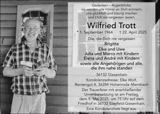 Traueranzeige von Wilfried Trott von FZ