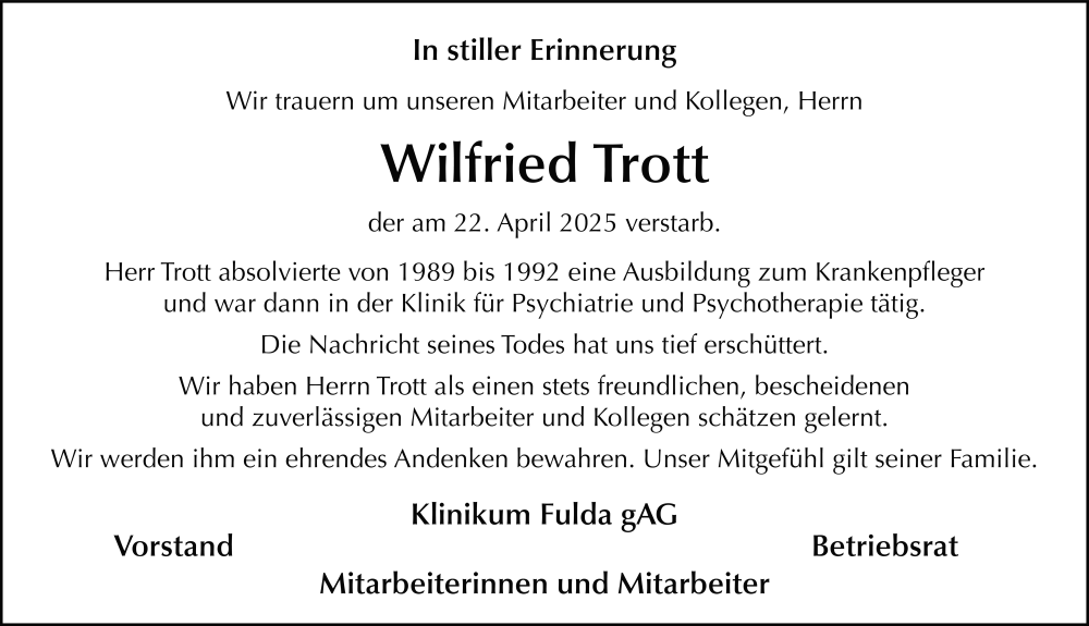  Traueranzeige für Wilfried Trott vom 06.05.2025 aus FZ