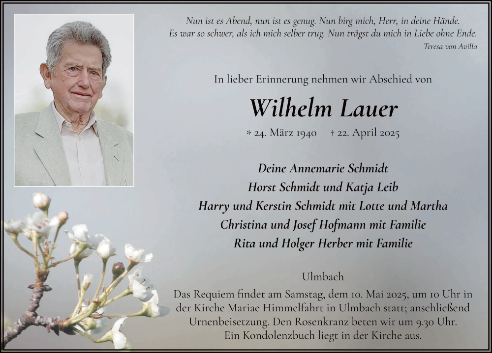  Traueranzeige für Wilhelm Lauer vom 08.05.2025 aus FZ
