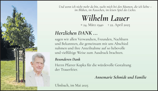 Traueranzeige von Wilhelm Lauer von FZ