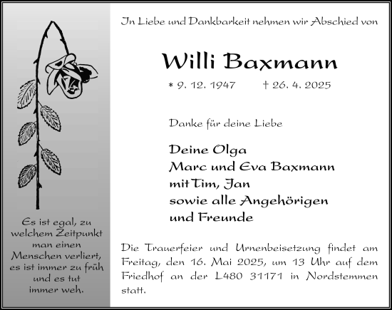 Traueranzeige von Willi Baxmann von FZ