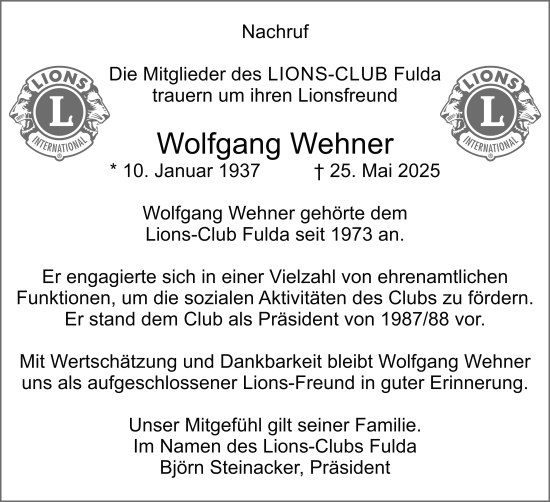 Traueranzeige von Wolfgang Wehner von FZ