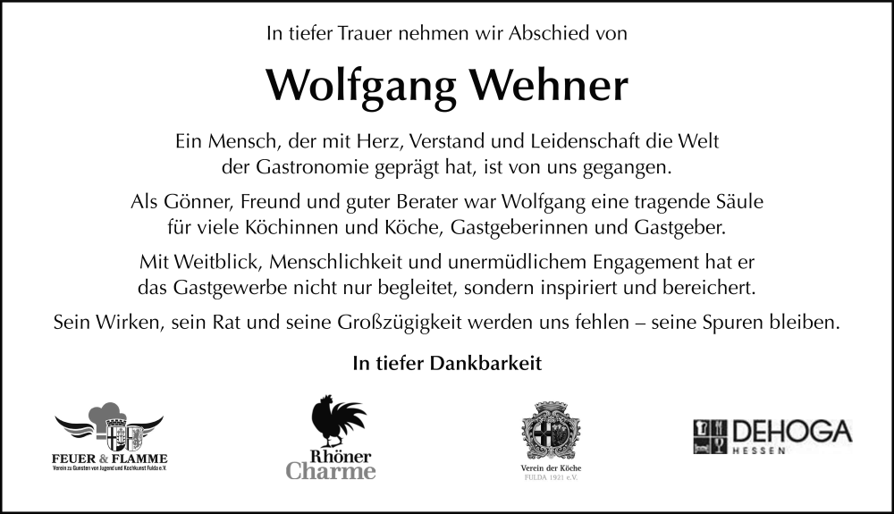  Traueranzeige für Wolfgang Wehner vom 31.05.2025 aus FZ
