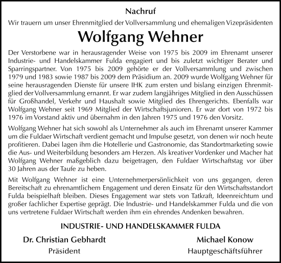 Traueranzeige von Wolfgang Wehner von FZ