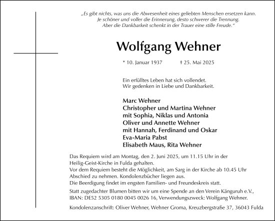 Traueranzeige von Wolfgang Wehner von FZ
