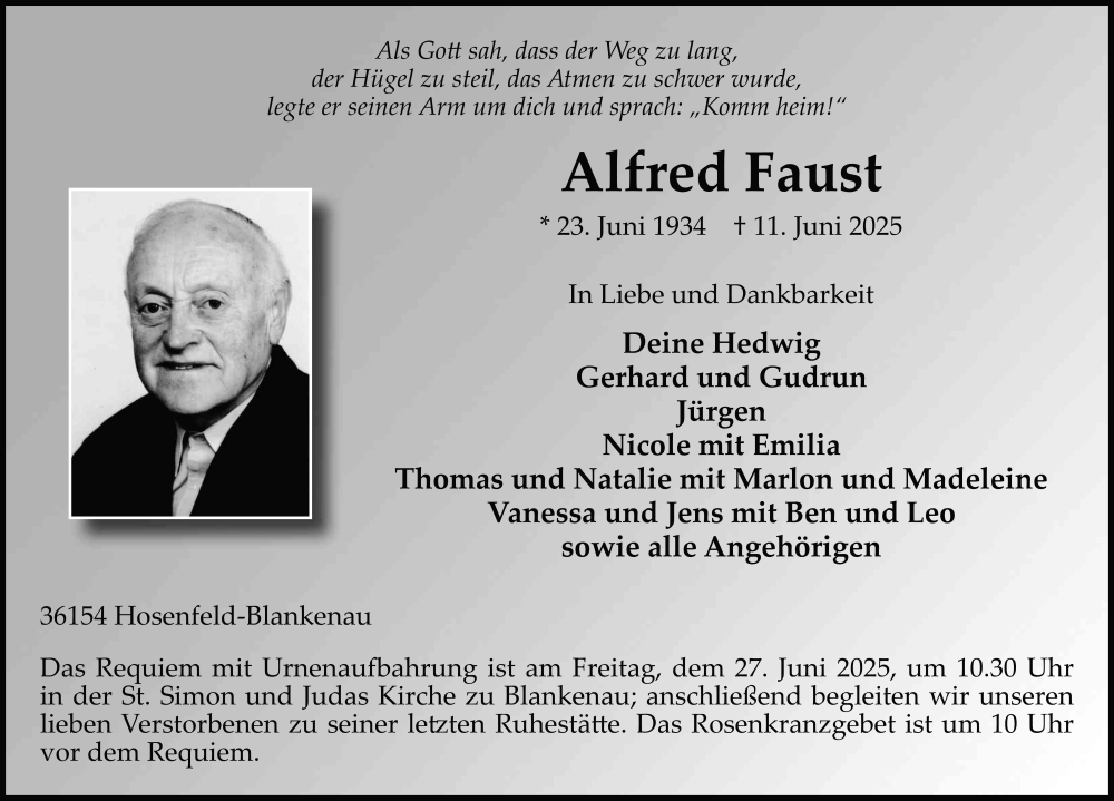  Traueranzeige für Alfred Faust vom 24.06.2025 aus FZ